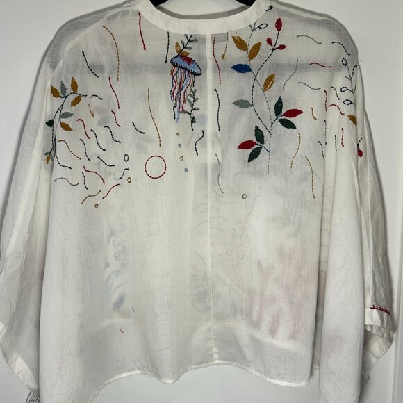White Cotton Blouse w/ Colorful Embroidery - Picture 2 of 9